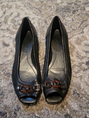 Bandolino Black Peep-Toe Flats with Brown Chain Accent